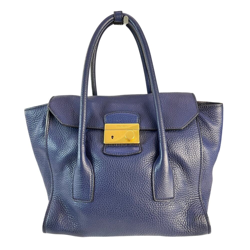 Prada Vitello Daino Blue Pebbled Leather Sound Lock Satchel Gold Hardware Italy